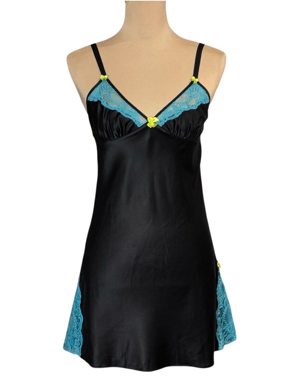 Vintage 00s Betsey Johnson Black Satin Chemise Slip Dress M Babydoll Coquette